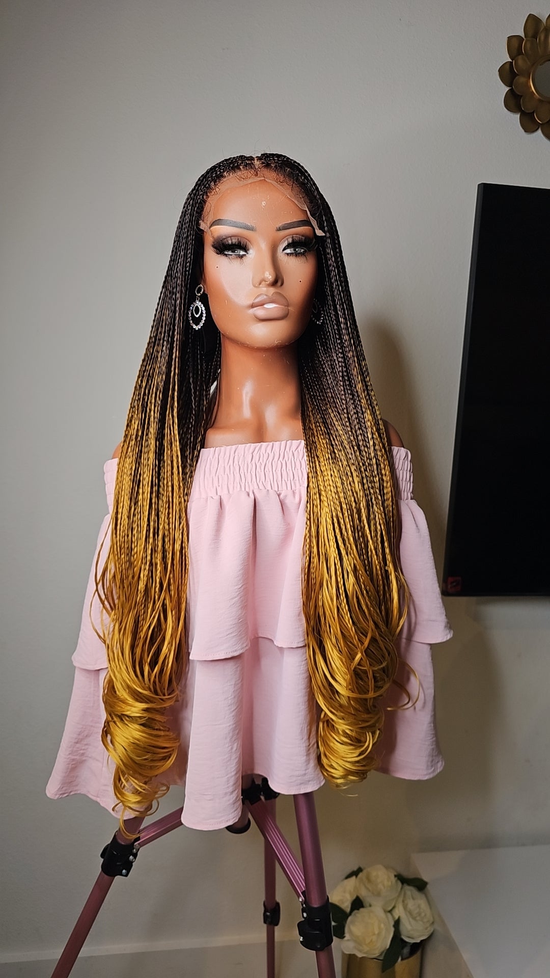 7×7 Golden Yellow Ombre Knotless Braided Wig With Lace Closure Curled Tip